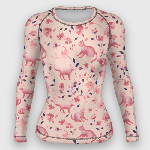 Женский рашгард 3D с принтом Розовый паттерн с цветами и котиками, вид спереди #2
