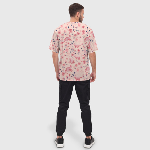 Мужская футболка oversize 3D Розовый паттерн с цветами и котиками, цвет 3D печать - фото 4