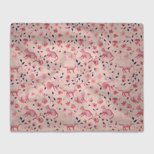 Плед 3D с принтом Розовый паттерн с цветами и котиками, вид спереди #2
