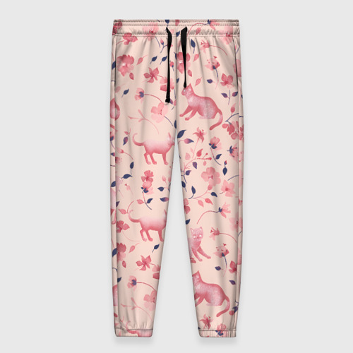 Женские брюки 3D с принтом Розовый паттерн с цветами и котиками, вид спереди #2