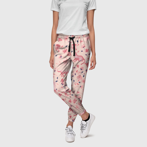 Женские брюки 3D с принтом Розовый паттерн с цветами и котиками, фото на моделе #1