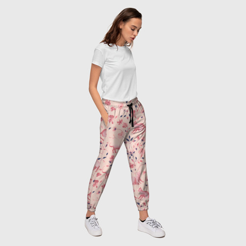 Женские брюки 3D с принтом Розовый паттерн с цветами и котиками, вид сбоку #3