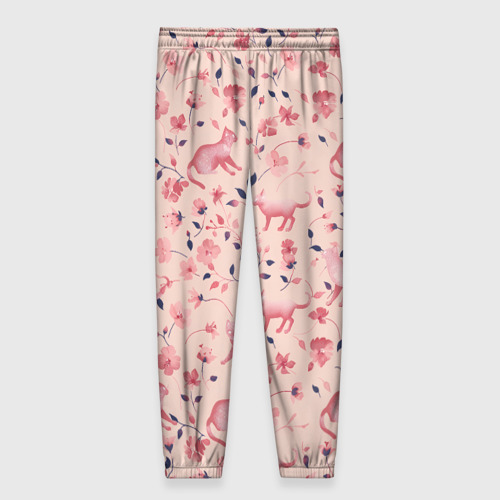 Женские брюки 3D с принтом Розовый паттерн с цветами и котиками, вид сзади #1