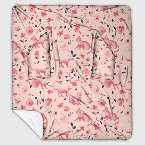 Плед с рукавами с принтом Розовый паттерн с цветами и котиками, вид спереди #2