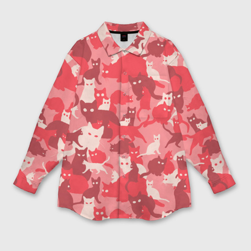 Мужская рубашка oversize 3D Розовый кошачий комуфляж, цвет белый
