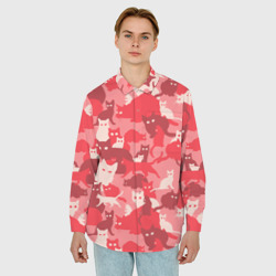 Мужская рубашка oversize 3D Розовый кошачий комуфляж - фото 2