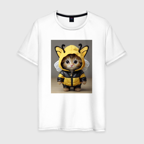 Мужская футболка из хлопка с принтом Котик в костюме пчелы, вид спереди №1