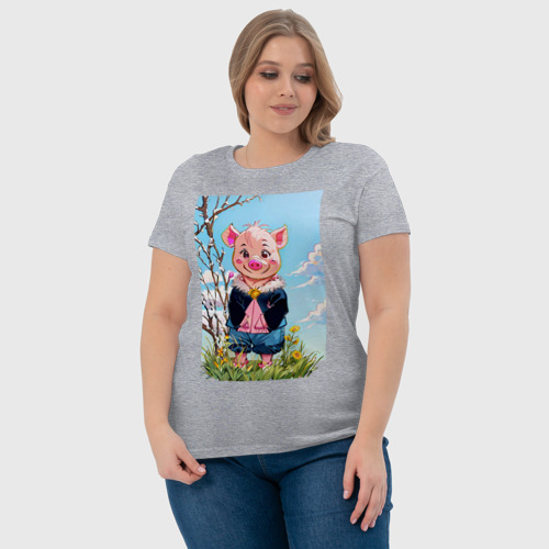 Женская футболка хлопок Поросёнок весной, цвет меланж - фото 6
