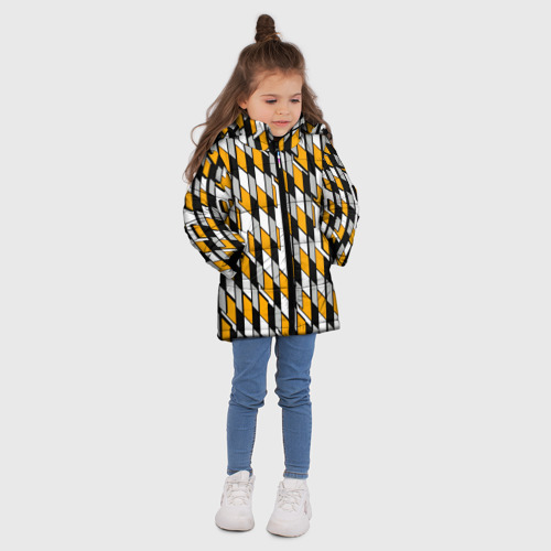 Зимняя куртка для девочек 3D с принтом Киберпанк узор чёрно-жёлтый на белом фоне, вид сбоку #3