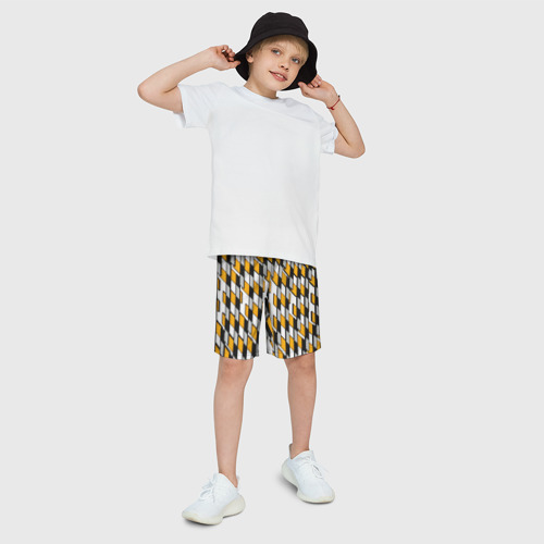 Детские спортивные шорты 3D с принтом Киберпанк узор чёрно-жёлтый на белом фоне, фото на моделе #1