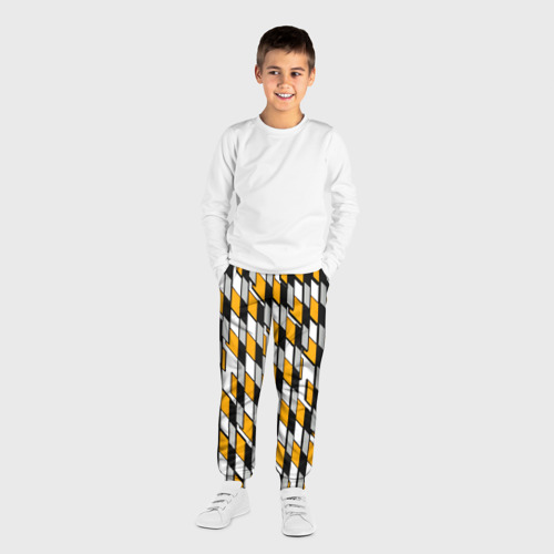 Детские брюки 3D с принтом Киберпанк узор чёрно-жёлтый на белом фоне, вид сбоку #3