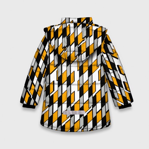 Зимняя куртка для девочек 3D с принтом Киберпанк узор чёрно-жёлтый на белом фоне, вид сзади #1