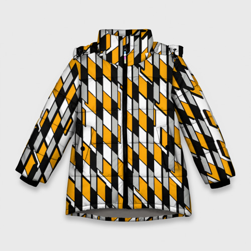 Зимняя куртка для девочек 3D с принтом Киберпанк узор чёрно-жёлтый на белом фоне, вид спереди #2