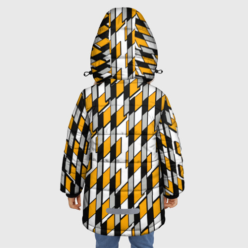 Зимняя куртка для девочек 3D с принтом Киберпанк узор чёрно-жёлтый на белом фоне, вид сзади #2