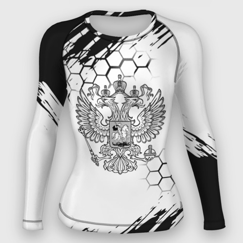 Женский рашгард 3D с принтом Россия будущего герб, вид спереди #2