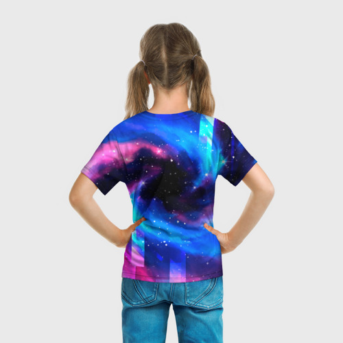 Детская футболка 3D с принтом Monaco неоновый космос, вид сзади #2