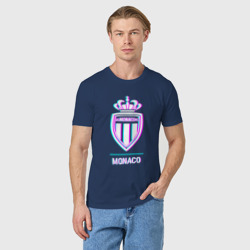 Футболка с принтом Monaco FC в стиле glitch для мужчины, вид на модели спереди №2. Цвет основы: темно-синий