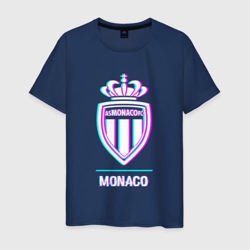 Мужская футболка из хлопка с принтом Monaco FC в стиле glitch, вид спереди №1