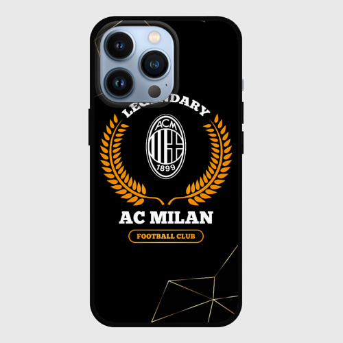 Чехол для iPhone 13 Pro с принтом Лого AC Milan и надпись legendary football club на темном фоне, вид спереди #2