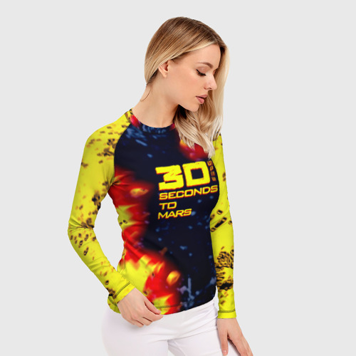 Женский рашгард 3D с принтом Thirty Seconds to Mars огненное лого, фото на моделе #1