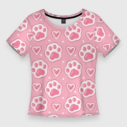 Женская футболка 3D Slim Кошачьи лапки и сердечки   