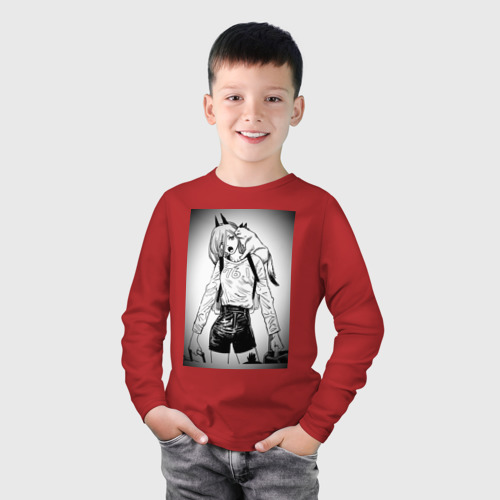 Детский лонгслив хлопок с принтом Пауэр с котиком Человек бензопила, фото на моделе #1