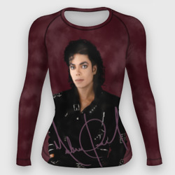 Michael Jackson на бордовом фоне – Женский рашгард 3D с принтом купить