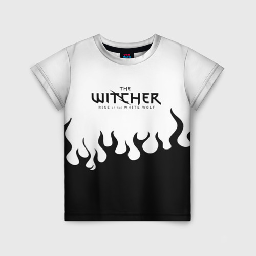 Детская футболка 3D с принтом Ведьмак лого чёрный огонь, вид спереди #2