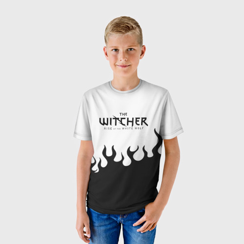 Детская футболка 3D с принтом Ведьмак лого чёрный огонь, фото на моделе #1