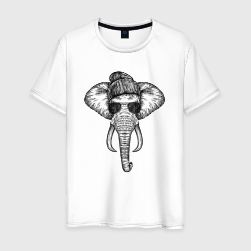 Мужская футболка из хлопка с принтом Слон хипстер, вид спереди №1