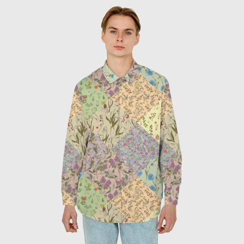 Мужская рубашка oversize 3D с принтом Пэчворк весенний, фото на моделе #1