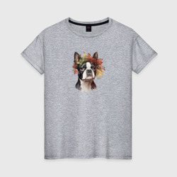 Бостон-терьер осенний арт – Женская футболка хлопок с принтом купить со скидкой в -20%