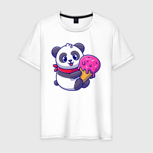 Мужская футболка из хлопка с принтом Панда и мороженое, вид спереди №1