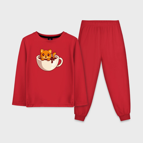 Детская пижама с лонгсливом хлопок с принтом Котик в чашке кофе, вид спереди #2