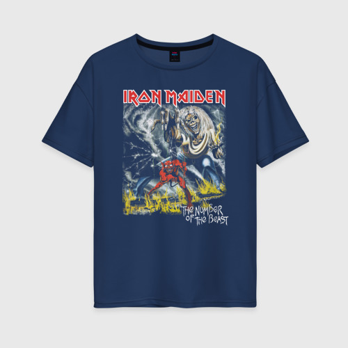 Женская футболка хлопок Oversize Iron Maiden The Number Of The Beast 666, цвет темно-синий