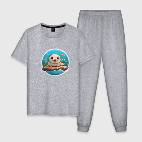 Мужская пижама хлопок с принтом Маленький милый тюлень, вид спереди #2