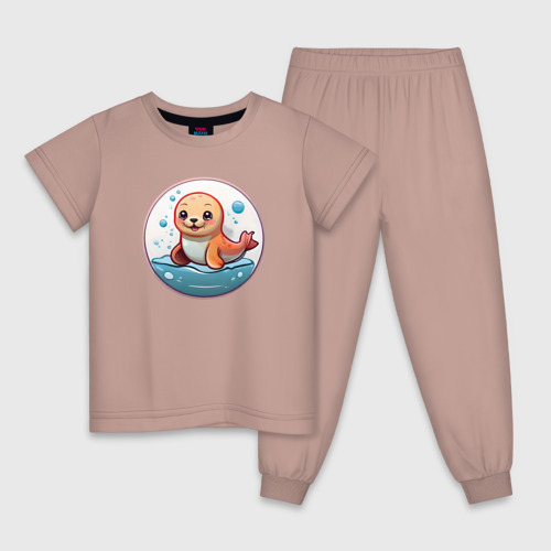 Детская пижама хлопок с принтом Маленький милый тюлень, вид спереди #2