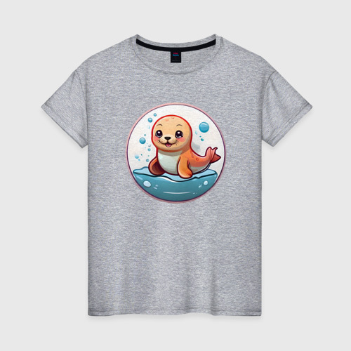 Женская футболка хлопок с принтом Маленький милый тюлень, вид спереди #2