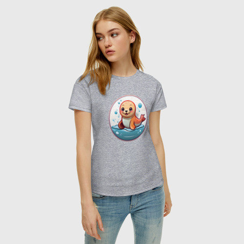 Женская футболка хлопок с принтом Маленький милый тюлень, фото на моделе #1