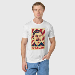 Футболка с принтом Stalin face для мужчины, вид на модели спереди №2. Цвет основы: белый