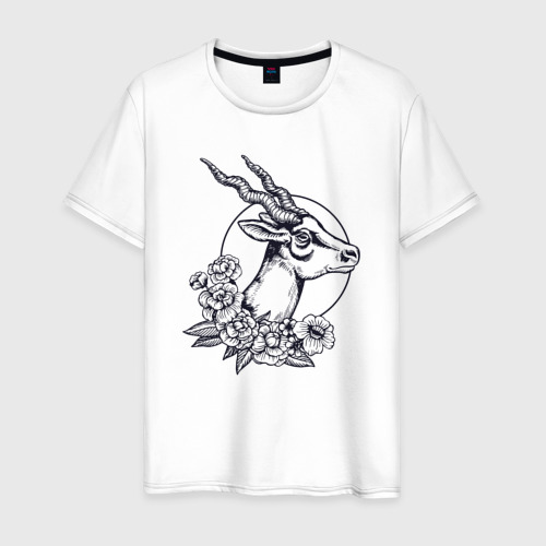 Мужская футболка из хлопка с принтом Антилопа и цветы, вид спереди №1