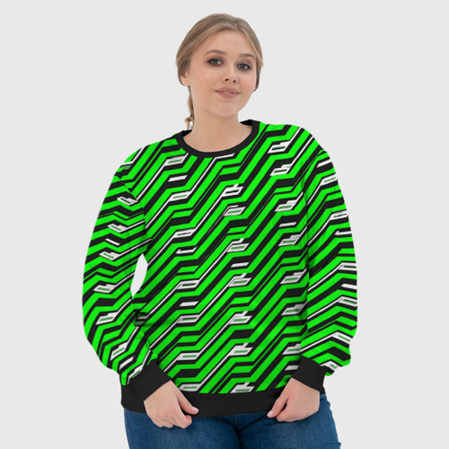 Женский свитшот 3D с принтом Чёрно-зелёный линейный узор киберпанк, фото #4