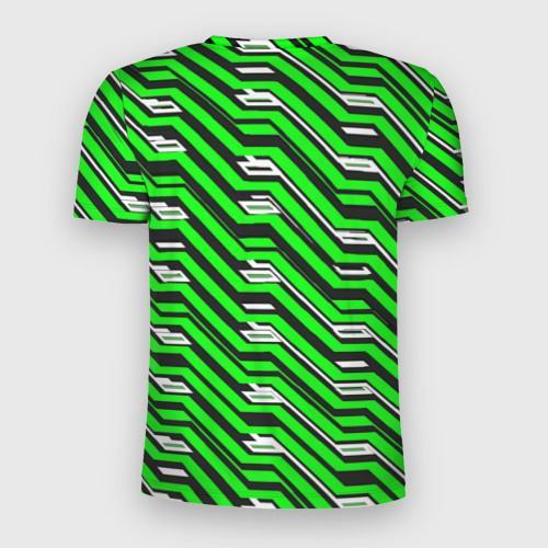 Мужская футболка 3D Slim с принтом Чёрно-зелёный линейный узор киберпанк, вид сзади #1