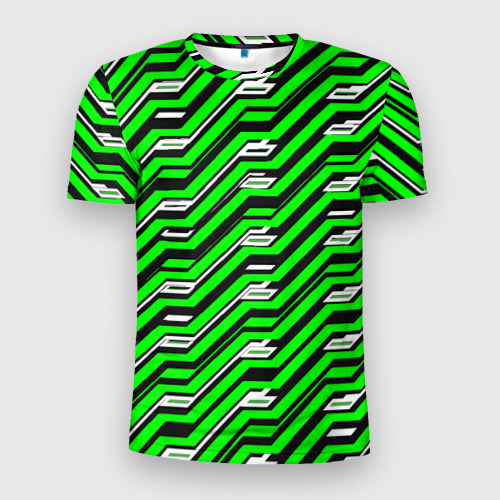 Мужская футболка 3D Slim с принтом Чёрно-зелёный линейный узор киберпанк, вид спереди #2