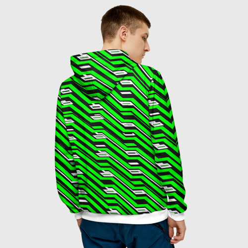 Мужская толстовка 3D с принтом Чёрно-зелёный линейный узор киберпанк, вид сзади #2