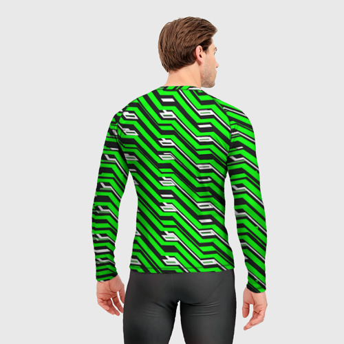 Мужской рашгард 3D с принтом Чёрно-зелёный линейный узор киберпанк, вид сзади #2