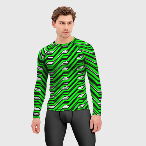 Мужской рашгард 3D с принтом Чёрно-зелёный линейный узор киберпанк, фото на моделе #1