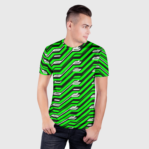 Мужская футболка 3D Slim с принтом Чёрно-зелёный линейный узор киберпанк, фото на моделе #1