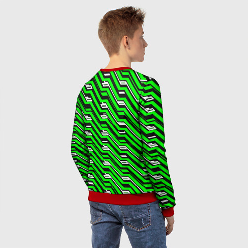 Детский свитшот 3D с принтом Чёрно-зелёный линейный узор киберпанк, вид сзади #2