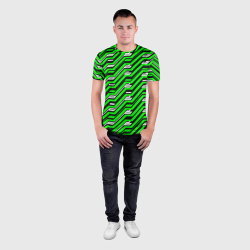 Мужская футболка 3D Slim с принтом Чёрно-зелёный линейный узор киберпанк, вид сбоку #3